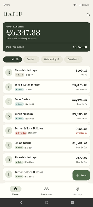 Rapid Invoice home screen showing what a business is owed and its document list